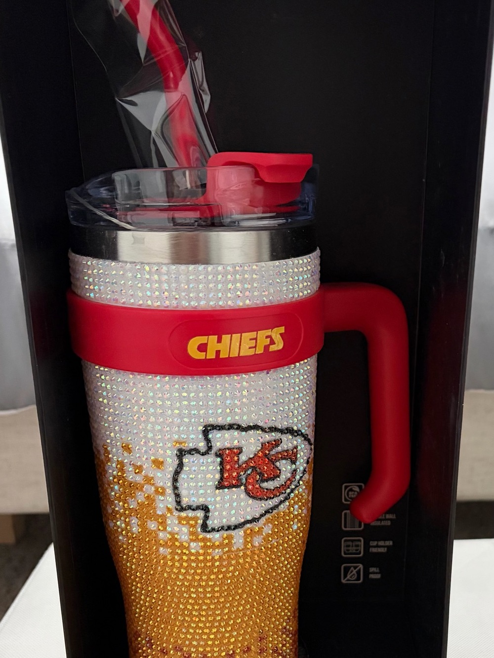 OFFICIAL Kansas City Chiefs BLING 40 oz Travel Mug with Handle.
